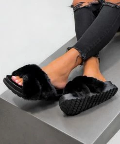 LIV ADELLA Chunky Faux Fur Sandals - Black