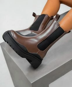 DMF SHOES ADRIANA Chunky Mid Chelsea Boots - Brown PU