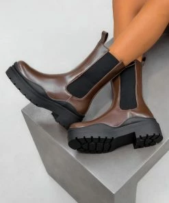 DMF SHOES ADRIANA Chunky Mid Chelsea Boots - Brown PU