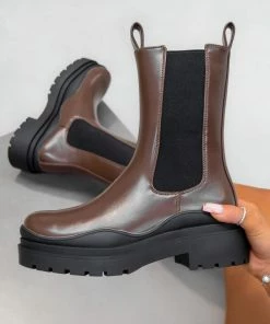 DMF SHOES ADRIANA Chunky Mid Chelsea Boots - Brown PU