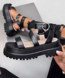 NDS AELA Chunky Platform Buckle Sandals - Black PU