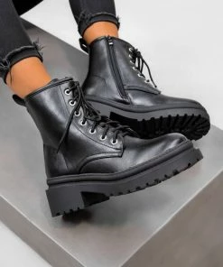 DMF ARYA Chunky Lace Up Ankle Boots - Black