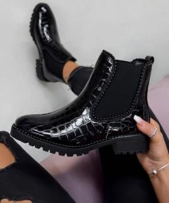DMF SHOES AYSHA Chelsea Studded Ankle Boots - Black Croc