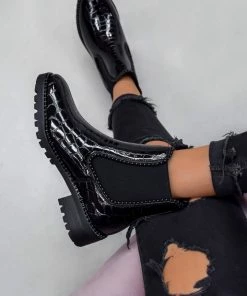 DMF SHOES AYSHA Chelsea Studded Ankle Boots - Black Croc