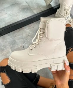 NDS SHOES COMMAND Chunky Platform Pocket Detail Ankle Boots - Beige PU