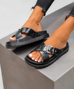 LIV VENUS Chunky Buckle Detail Sandals - Black Croc SHOES