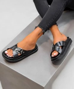 LIV VENUS Chunky Buckle Detail Sandals - Black Croc SHOES