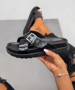 LIV VENUS Chunky Buckle Detail Sandals - Black Croc SHOES