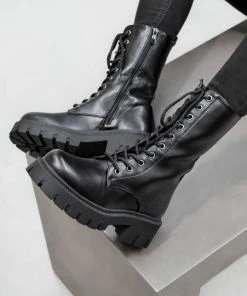 DMF SHOES BROOKLYN Chunky Lace Up Platform Ankle Boots - Black PU