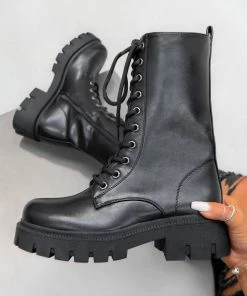 DMF SHOES BROOKLYN Chunky Lace Up Platform Ankle Boots - Black PU