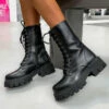 DMF SHOES BROOKLYN Chunky Lace Up Platform Ankle Boots - Black PU