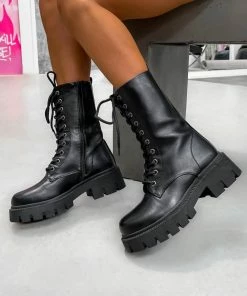 DMF SHOES BROOKLYN Chunky Lace Up Platform Ankle Boots - Black PU