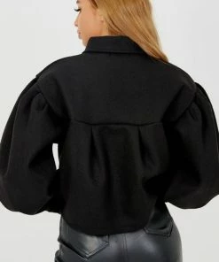 SWD Balloon Sleeve Thick Cropped Jacket-Black CLOTHING
