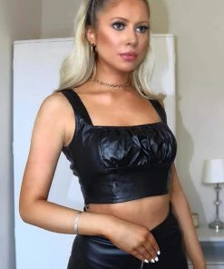 PURE CLOTHING PU Ruched Front Crop Top - Black