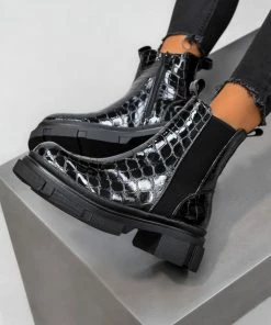LIV CAMILA Chunky Ankle Boots - Black Patent Croc SHOES