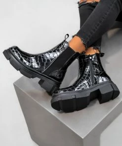LIV CAMILA Chunky Ankle Boots - Black Patent Croc SHOES