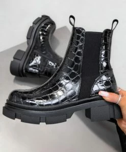 LIV CAMILA Chunky Ankle Boots - Black Patent Croc SHOES