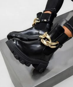 NDS CHAINED Chelsea Ankle Boots - Black PU SHOES