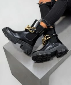 NDS CHAINED Chelsea Ankle Boots - Black PU SHOES