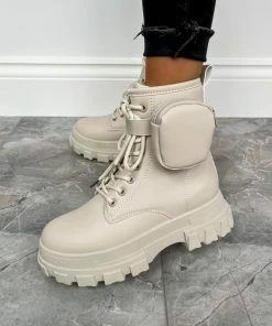 NDS SHOES COMMAND Chunky Platform Pocket Detail Ankle Boots - Beige PU