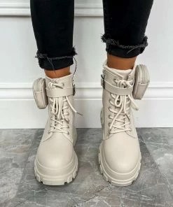 NDS SHOES COMMAND Chunky Platform Pocket Detail Ankle Boots - Beige PU