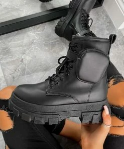 NDS SHOES COMMAND Chunky Platform Pocket Detail Ankle Boots - Black PU