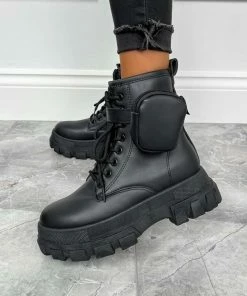 NDS SHOES COMMAND Chunky Platform Pocket Detail Ankle Boots - Black PU