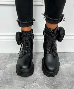 NDS SHOES COMMAND Chunky Platform Pocket Detail Ankle Boots - Black PU