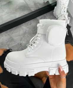 NDS COMMAND Chunky Platform Pocket Detail Ankle Boots - White PU