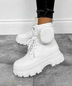 NDS COMMAND Chunky Platform Pocket Detail Ankle Boots - White PU