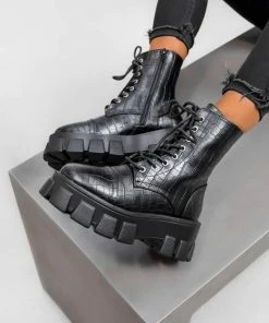 CIT SHOES COMMANDER Chunky Platform Lace Up Boots - Black Croc PU