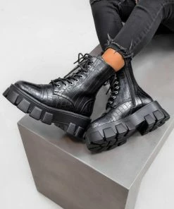 CIT SHOES COMMANDER Chunky Platform Lace Up Boots - Black Croc PU