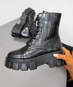 CIT SHOES COMMANDER Chunky Platform Lace Up Boots - Black Croc PU