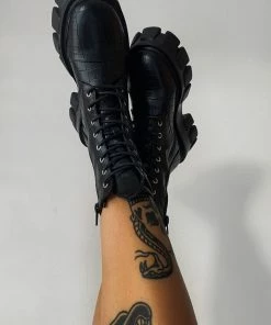 CIT SHOES COMMANDER Chunky Platform Lace Up Boots - Black Croc PU