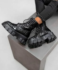CIT COMMANDER Chunky Platform Lace Up Boots - Black Croc Patent