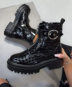 NDS CONTENDER Zip Front Chunky Ankle Boots - Black Croc Patent