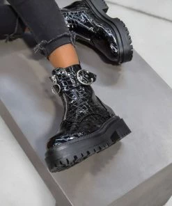 NDS CONTENDER Zip Front Chunky Ankle Boots - Black Croc Patent