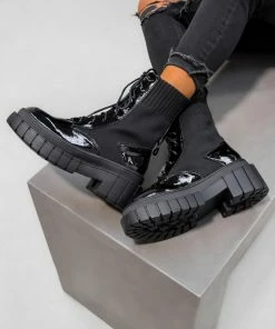 NDS RELOAD Chunky Platform Sock Fit Ankle Boots - Black Patent