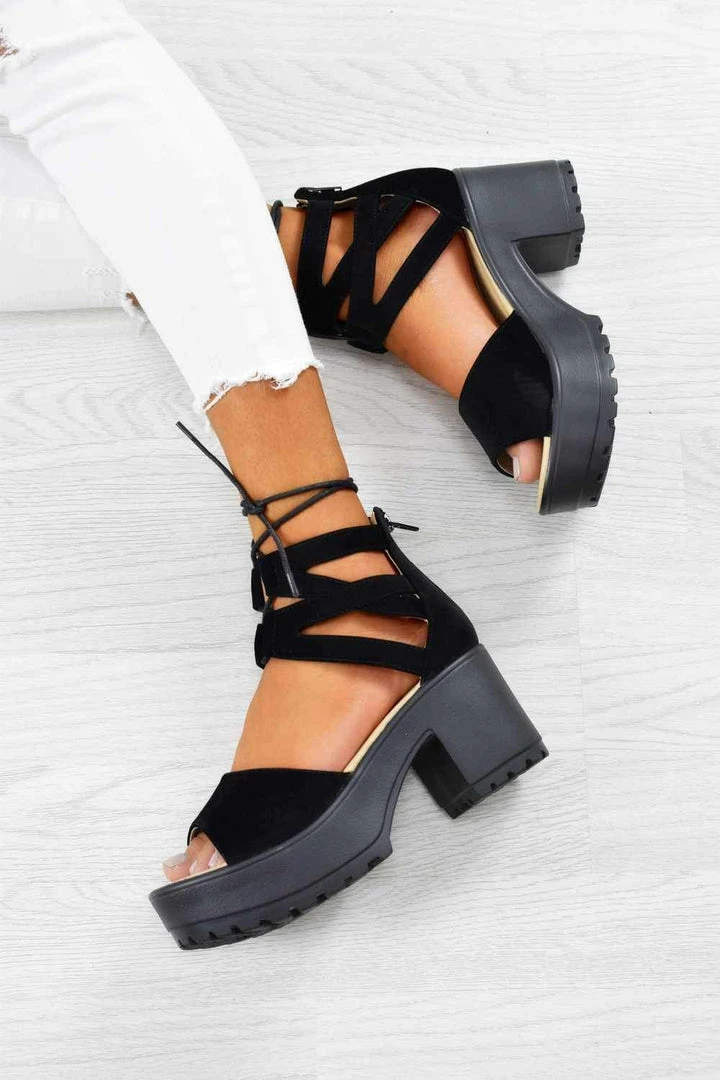 ELG SHOES ALEXA Lace Up Cleated Sole Block Heel Sandals - Black Suede