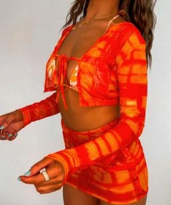 AJ VOYAGE Crop Top & Skirt Mesh Co-Ord Set - Orange