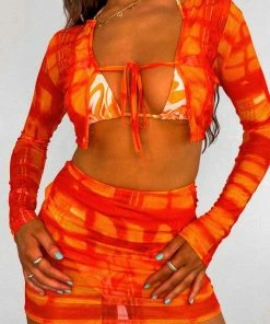 AJ VOYAGE Crop Top & Skirt Mesh Co-Ord Set - Orange