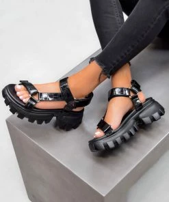 NDS SAINT Velcro Chunky Sandals - Black Croc SHOES