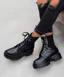 NDS DAKOTA Lace Up Chunky Ankle Boots - Black PU SHOES
