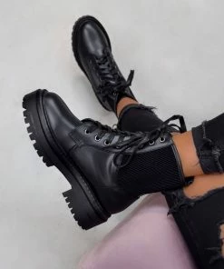 NDS DAKOTA Lace Up Chunky Ankle Boots - Black PU SHOES