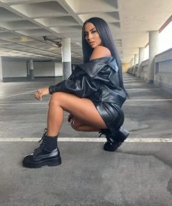 NDS DAKOTA Lace Up Chunky Ankle Boots - Black PU SHOES