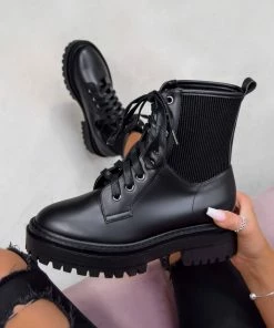 NDS DAKOTA Lace Up Chunky Ankle Boots - Black PU SHOES