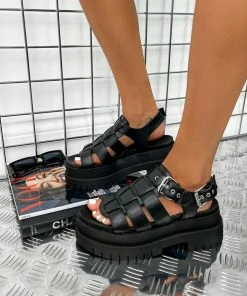CIT SHOES DAMAGE Super Chunky Gladiator Sandals - Black PU
