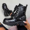 DMF DAMAGE Chunky Lace Up Platform Ankle Boots - Black Croc