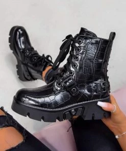 DMF DAMAGE Chunky Lace Up Platform Ankle Boots - Black Croc