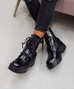 DMF DAMAGE Chunky Lace Up Platform Ankle Boots - Black Croc
